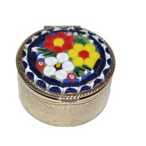 Vtg Italian Micro Mosaic Glass Mini Gold Gilt Trinket Box 1950s/60s Jewelry